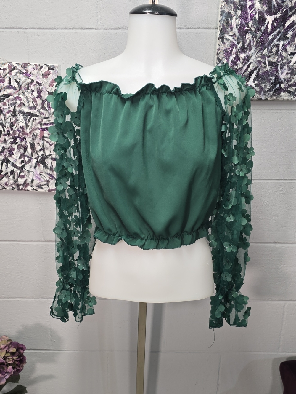 SHEIN Emerald Green Off-Shoulder Top with Floral Applique Sleeves
